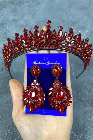 Red Pedro Stone Bridal Henna Tiara and Evening Dress Earrings Set