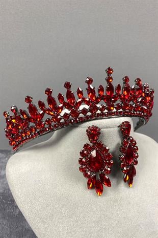 Red Pedro Stone Bridal Henna Tiara and Earring Set