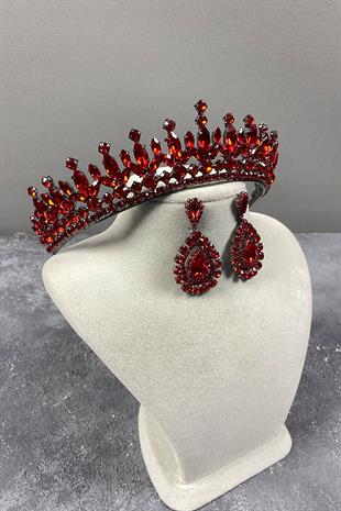 Red Pedro Stone Bridal Henna Tiara and Stud Earrings Set