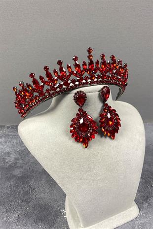 Red Pedro Stone Bridal Henna Tiara and Evening Dress Earrings Set