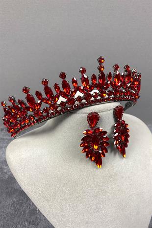 Kırmızı Pedro Taşlı Gelin Kına Tacı Ve Küpeli Set