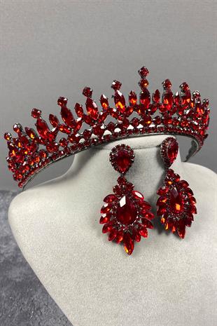 Red Pedro Stone Bridal Henna Tiara and Evening Dress Earrings Set