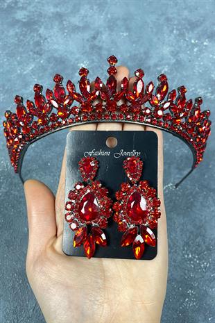 Red Pedro Stone Bridal Henna Tiara and Earring Set