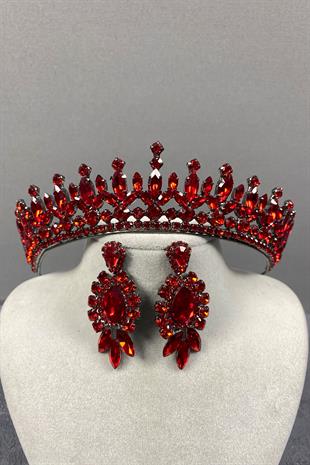 Red Pedro Stone Bridal Henna Tiara and Earring Set