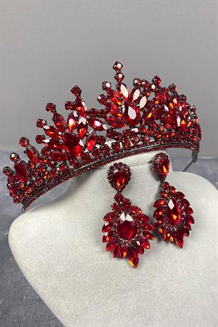Red Pera Bridal Henna Crown And Stud Earring Set