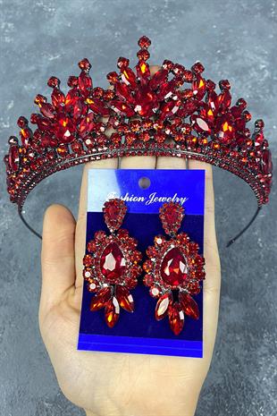 Red Pera Bridal Henna Tiara and Stud Earrings