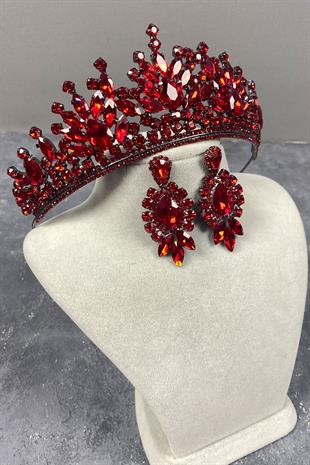 Red Pera Bridal Henna Tiara and Stud Earrings