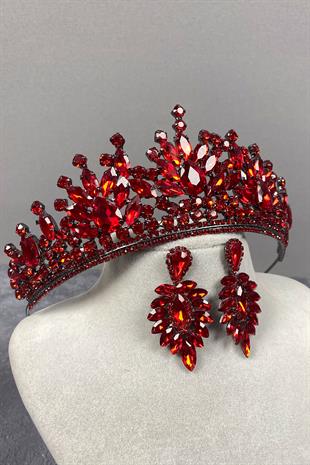 Red Pera Bridal Henna Crown And Stud Earrings