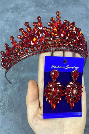 Red Pera Bridal Henna Crown And Stud Earrings