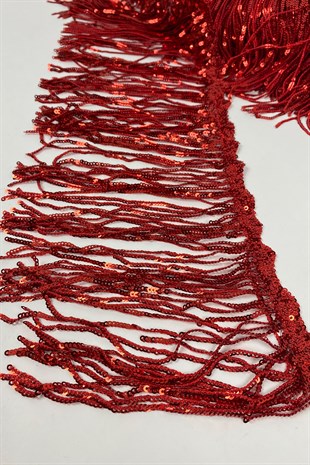 Kırmızı Pul Payetli Parlak Püskül Saçak Şerit 15 cm 1 mt