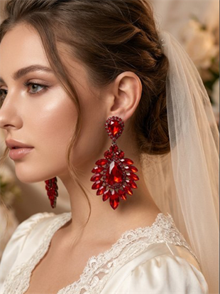 Kırmızı Rengi Iris Damla Mekikli Taşlı Abiye Lüx Gelin Küpesi 
