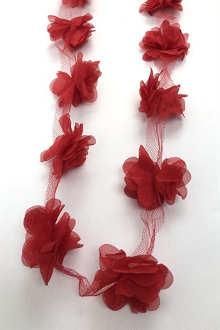 Kırmızı Renk Lazer Kesim Tül Çiçek