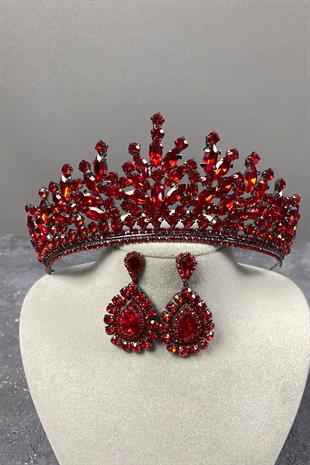 Red Rio Stone Bridal Henna Tiara and Evening Dress Earrings Set