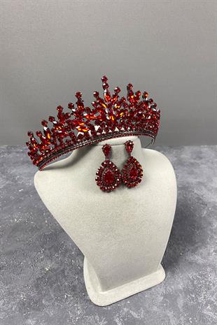 Red Rio Stone Bridal Henna Tiara and Evening Dress Earrings Set