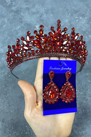 Red Rio Stone Bridal Henna Tiara and Evening Dress Earrings Set