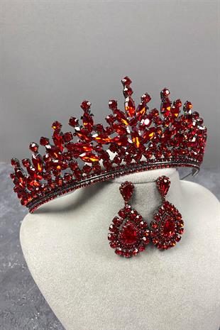 Red Rio Stone Bridal Henna Tiara and Evening Dress Earrings Set