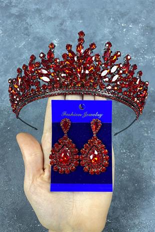 Red Rio Stone Bridal Henna Tiara and Evening Dress Earrings Set