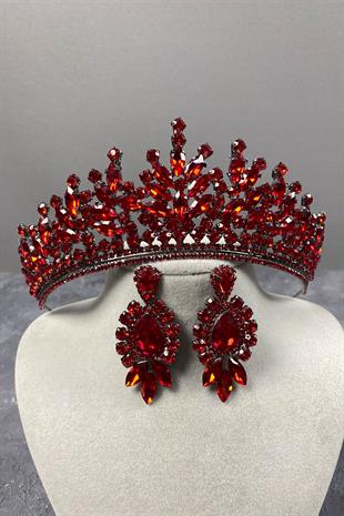 Kırmızı Rio Taşlı Gelin Kına Tacı Ve Mekik Desenli Küpe