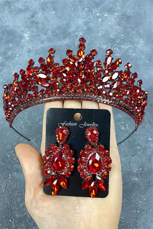 Kırmızı Rio Taşlı Gelin Kına Tacı Ve Mekik Desenli Küpe