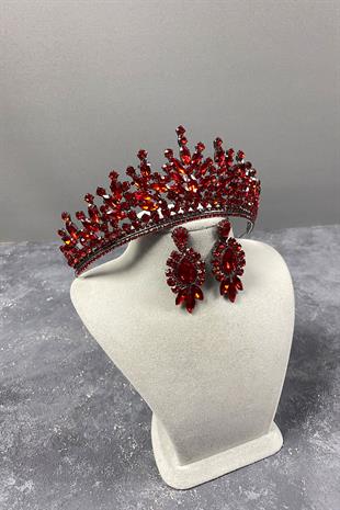 Kırmızı Rio Taşlı Gelin Kına Tacı Ve Mekik Desenli Küpe