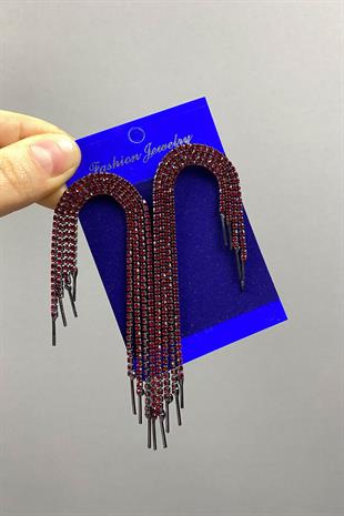 Kırmızı Sallantılı Abiye Taşlı Küpe