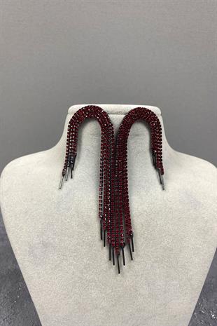 Kırmızı Sallantılı Abiye Taşlı Küpe