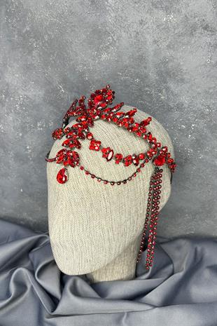 Kırmızı Sallantılı Alınlık Almeda Gelin Kına Tacı