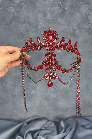 Kırmızı Sallantılı Alınlık Almeda Gelin Kına Tacı