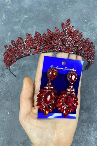 Red Sara Dense Stone Bridal Henna Tiara and Stud Earrings Set