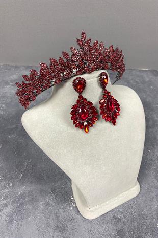 Red Sara Dense Stone Bridal Henna Tiara and Stud Earrings Set
