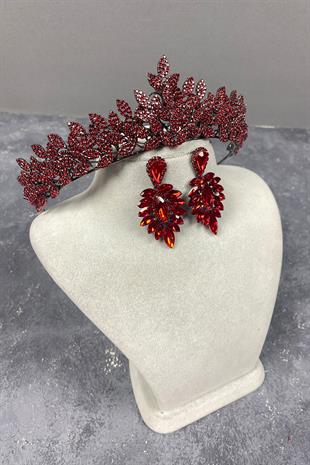 Red Sara Dense Stone Bridal Henna Tiara and Earring Set