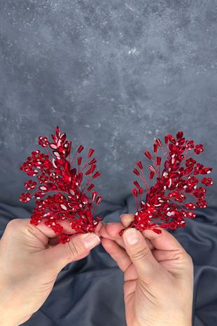 Kırmızı Selis Çift Taraflı Gelin Kına Tacı Saç Aksesuarı