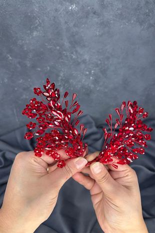 Kırmızı Selis Çift Taraflı Gelin Kına Tacı Saç Aksesuarı