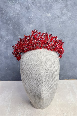 Kırmızı Serva Yoğun Boncuk İşlemeli Tasarım Gelin Kına Tacı