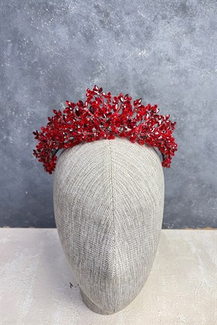Kırmızı Serva Yoğun Boncuk İşlemeli Tasarım Gelin Kına Tacı