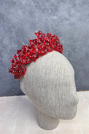 Kırmızı Serva Yoğun Boncuk İşlemeli Tasarım Gelin Kına Tacı