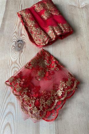 Kırmızı Sim Varak Baskılı Gelin Halay Mendili 50 Adet