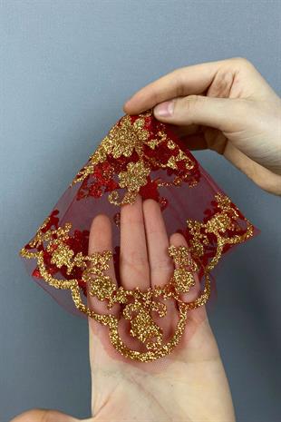 Red Glitter Foil Printed Bridal Halay Handkerchief 10 pcs