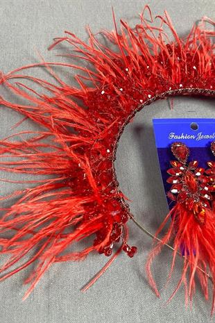 Kırmızı Sirius Kristal Boncuklu Tüylü Gelin Kına Tacı Ve Küpesi