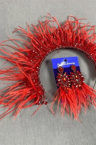 Kırmızı Sirius Kristal Boncuklu Tüylü Gelin Kına Tacı Ve Küpesi