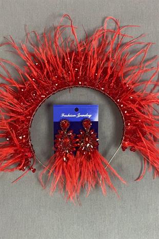 Red Sirius Crystal Beaded Feathered Bridal Henna Crown and Earrings