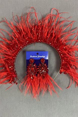 Kırmızı Sirius Kristal Boncuklu Tüylü Gelin Kına Tacı Ve Küpesi