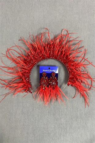 Kırmızı Sirius Kristal Boncuklu Tüylü Gelin Kına Tacı Ve Küpesi