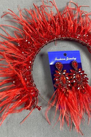 Kırmızı Sirius Kristal Boncuklu Tüylü Gelin Kına Tacı Ve Küpesi