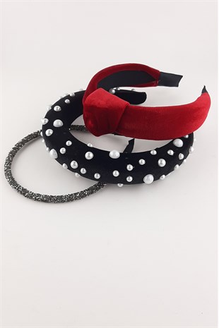 Kırmızı Sİyah Antrasit 3lü Kadife  Taç Takım