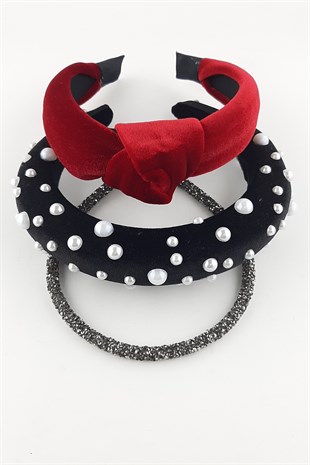 Kırmızı Sİyah Antrasit 3lü Kadife  Taç Takım