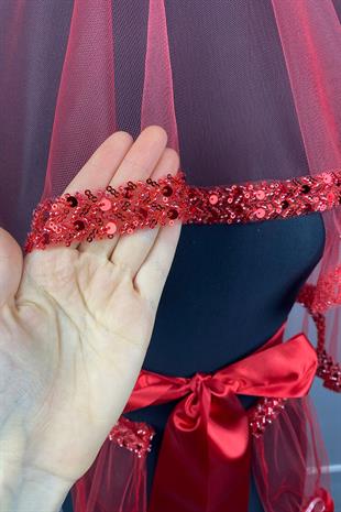 Kırmızı Su Model İşlemeli Gelin Kına Duvağı Yüz Örtüsü