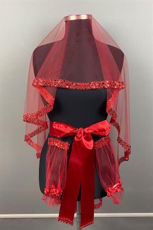 Kırmızı Su Model İşlemeli Gelin Kına Duvağı Yüz Örtüsü