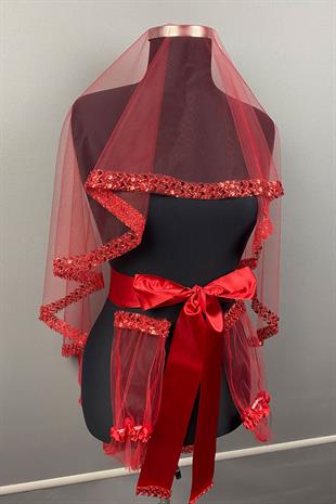 Kırmızı Su Model İşlemeli Gelin Kına Duvağı Yüz Örtüsü