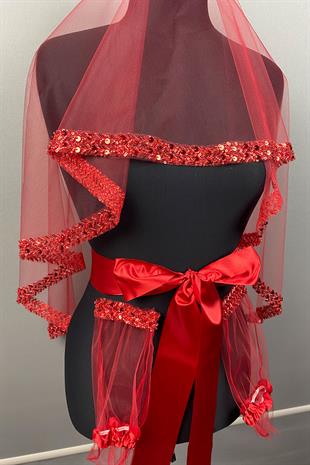 Kırmızı Su Model İşlemeli Gelin Kına Duvağı Yüz Örtüsü